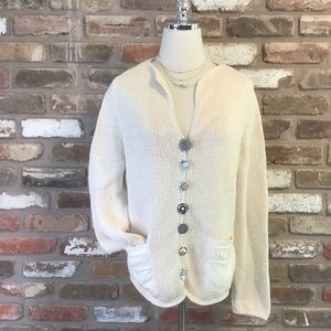 PURE HANDKNIT Women’s Cardigan Sweater Cream Metallic Silver Mixed Buttons M/L
